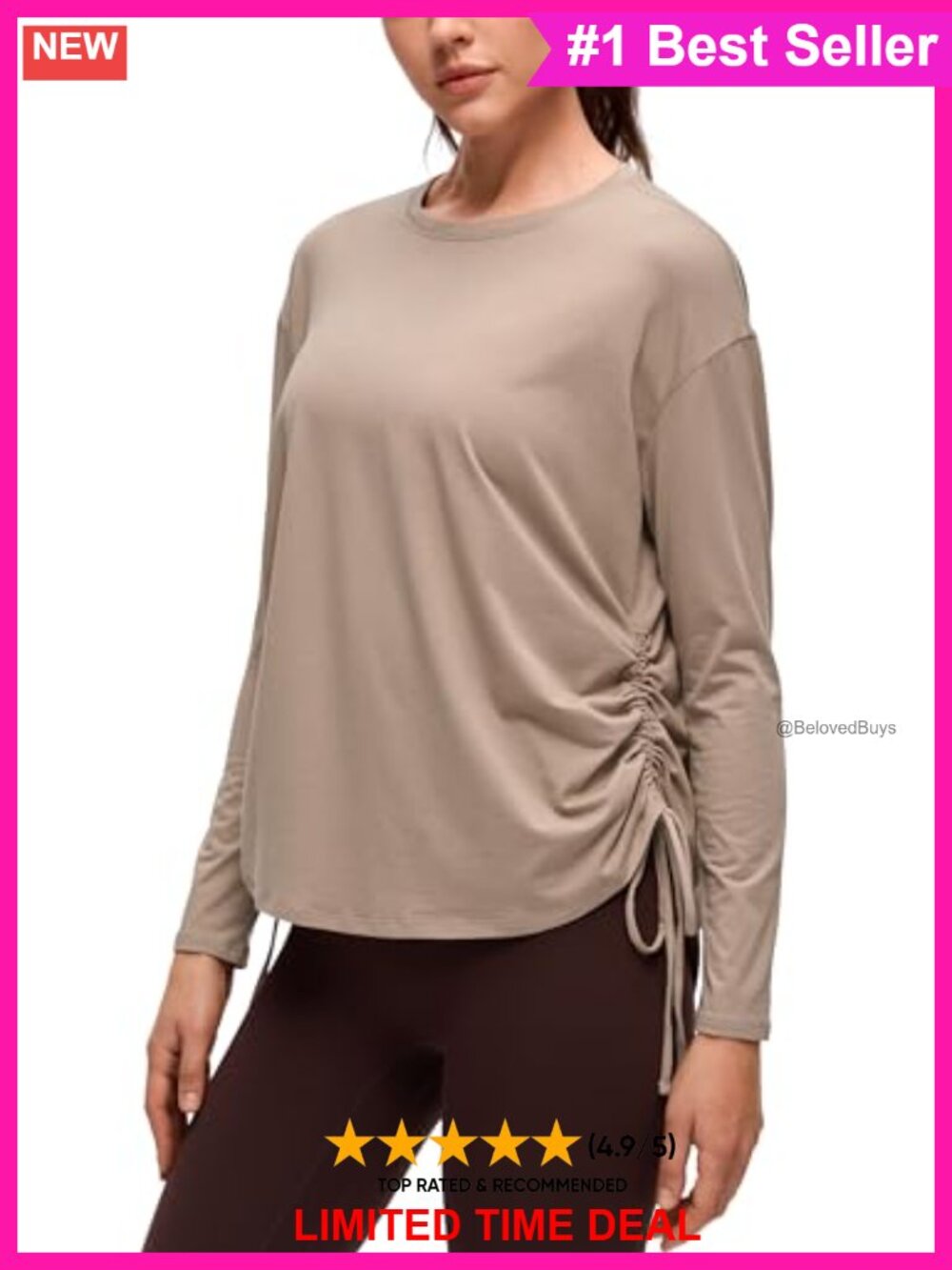 Pima Cotton Ruched Long Sleeve Active Top Loose Fit Yoga Shirt